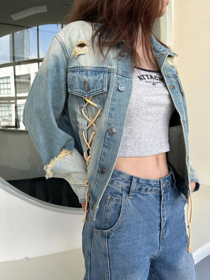 Gewaschener Schnür-up Nichi Vintage Casual Denim-Jacket