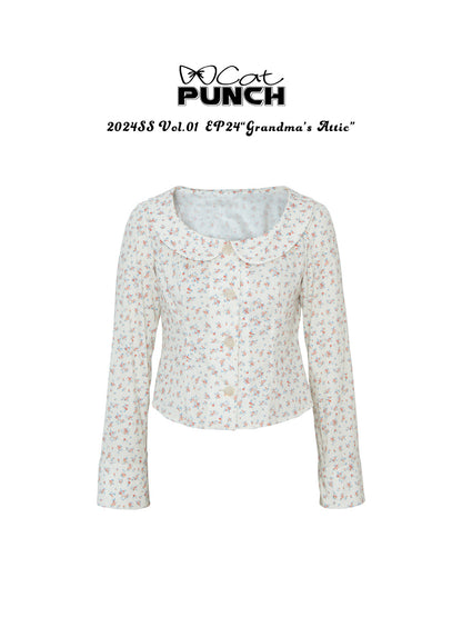 Flower Round-Collar Round-Necl Retro Cute Bouse