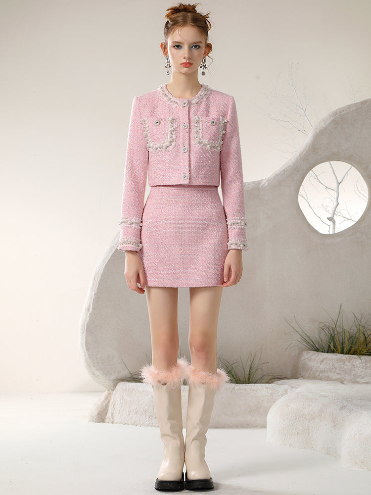 Jacket＆Mini-Skirt Tweed Suit Feminine Lace Pearl Frill Set-Up