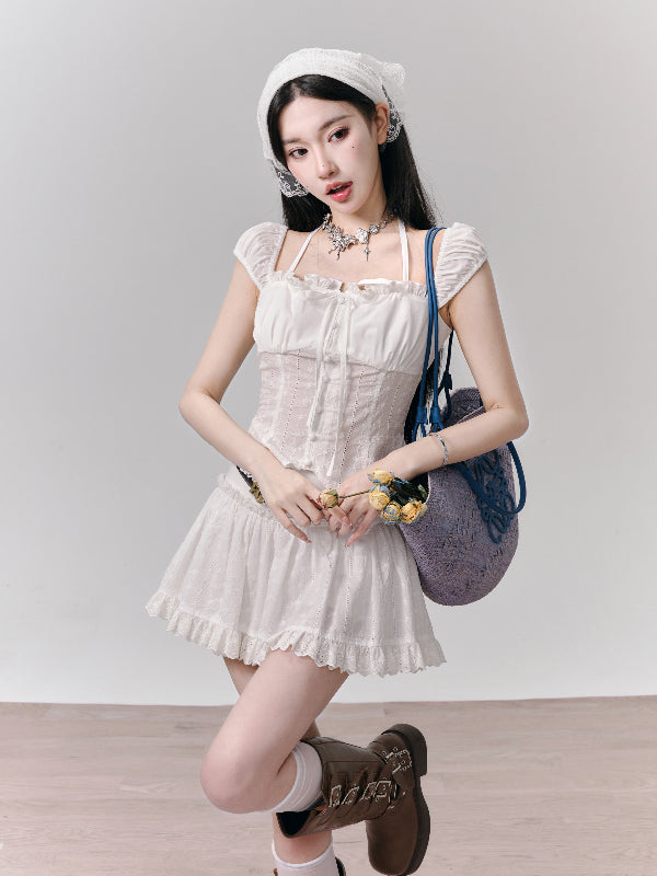 Set-Up Thin Lace Ribbon Feminine Slim Blouse＆Mnini-Skirt