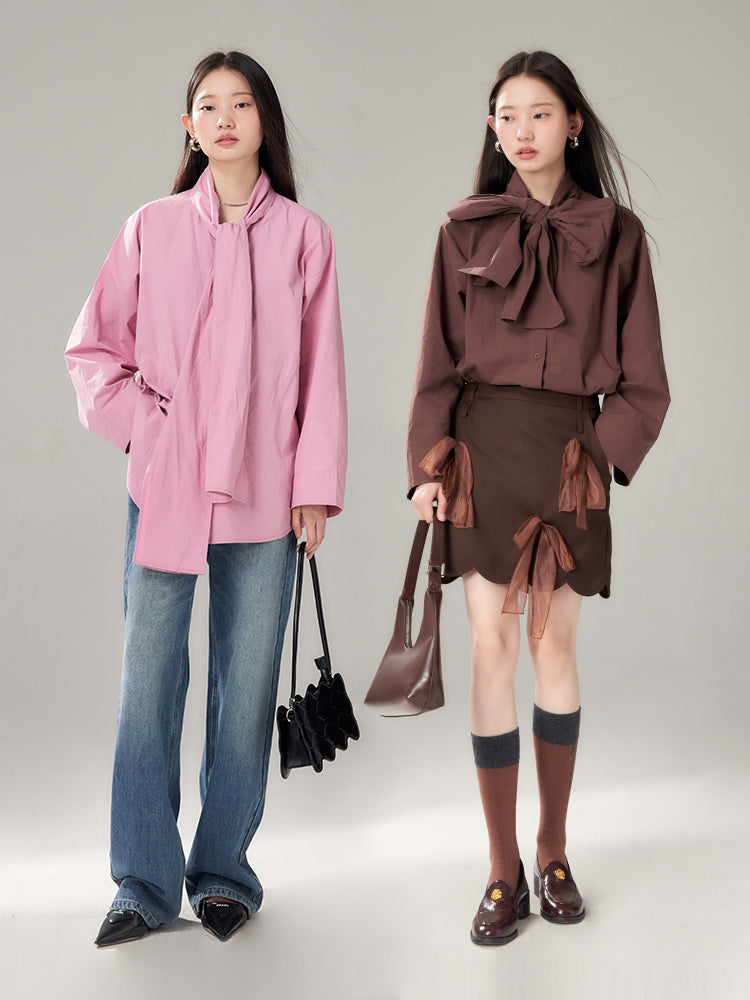 Long-Tie-Bluse Plain Oovresize Nichi Shirt