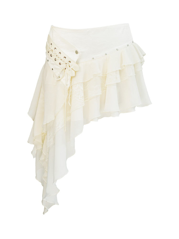 Frill Asymmetry Lace-Up Leather Lace Flower Mini-Skirt