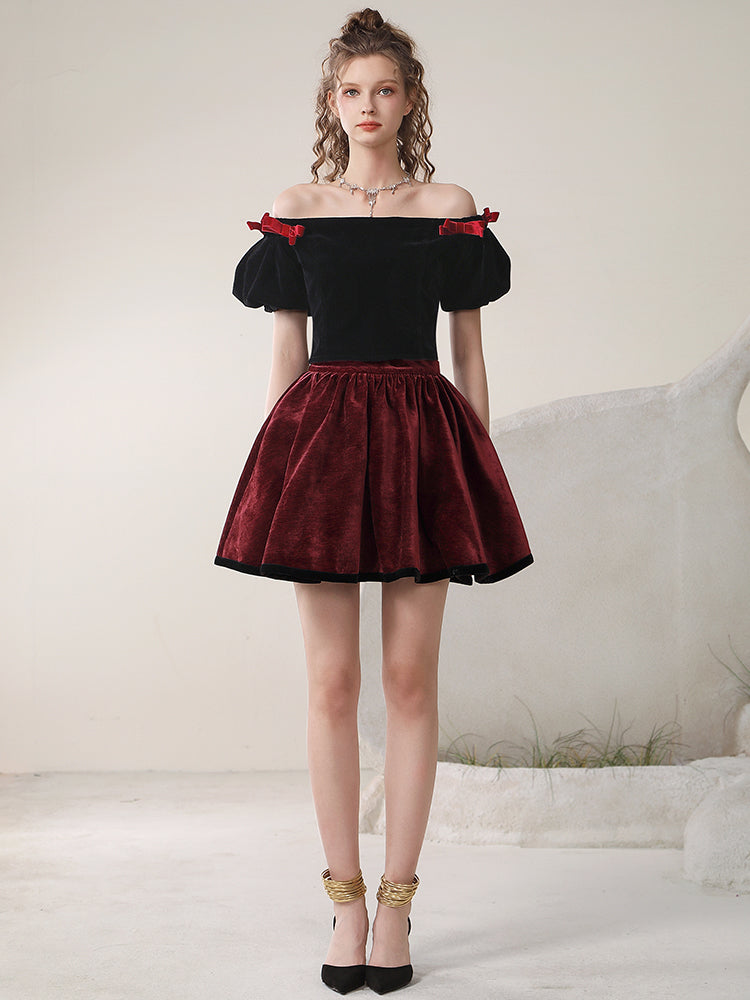 Puff-Sleeve Of-Shoulder Balloon Contrast Ribbon Blouse＆Mini-Skirt