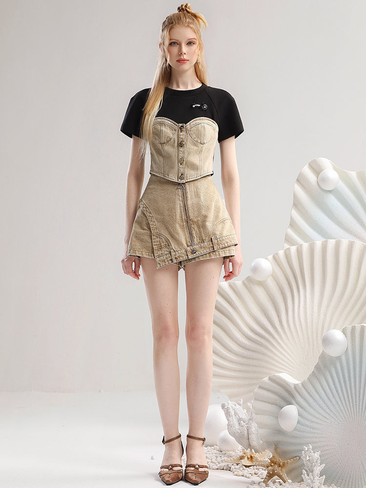 Set-Up Denim Retro Docking Asymmetry Bustier Tops&amp;Short-Pants