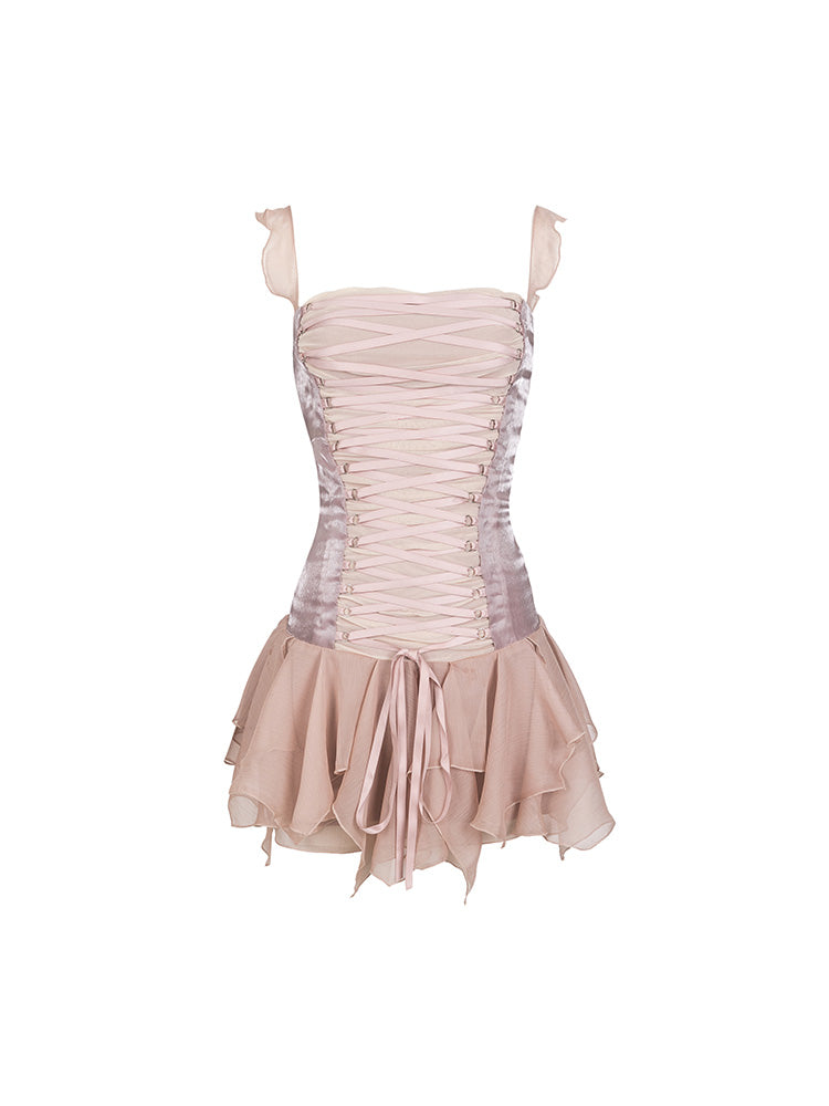 Lace-Up Dress Ruffle Princess One-Piece