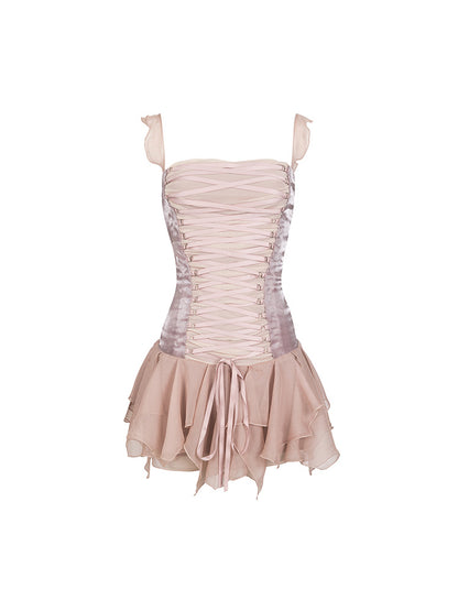 Lace-Up Dress Ruffle Princess One-Piece