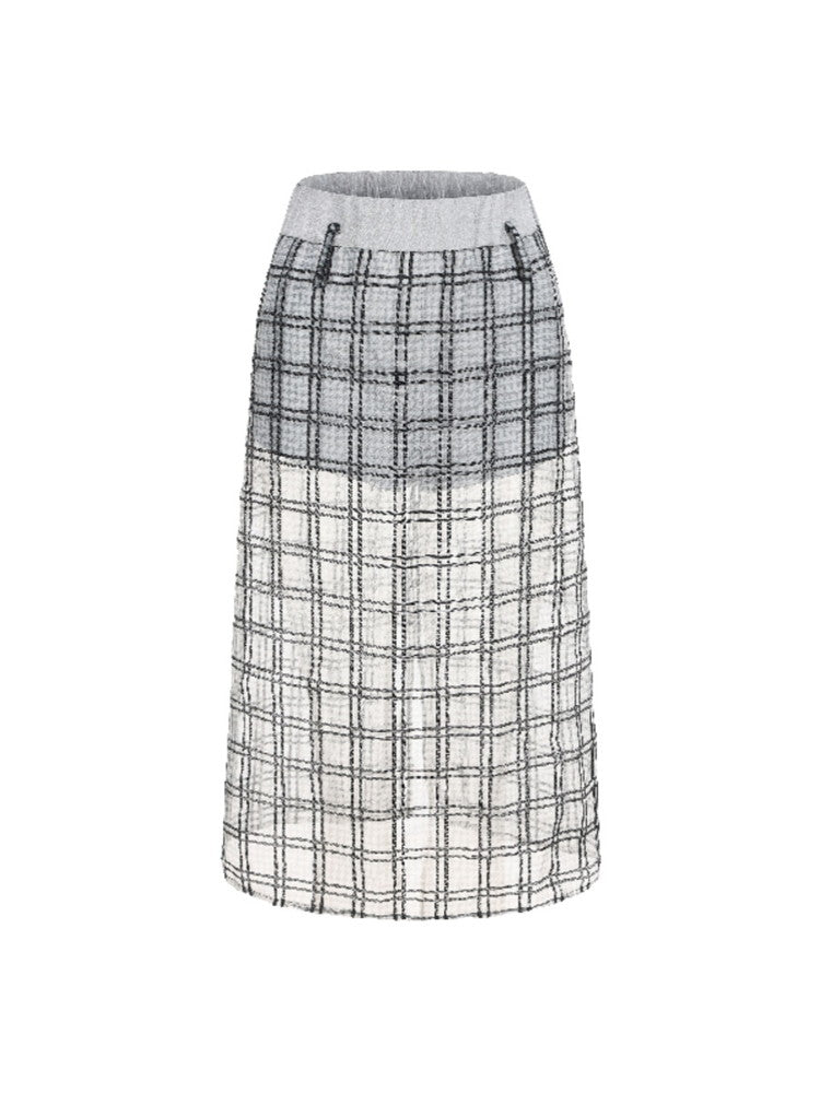 Checked See-Through Layered Elastic-Waist Back-Slit Long-Skirt