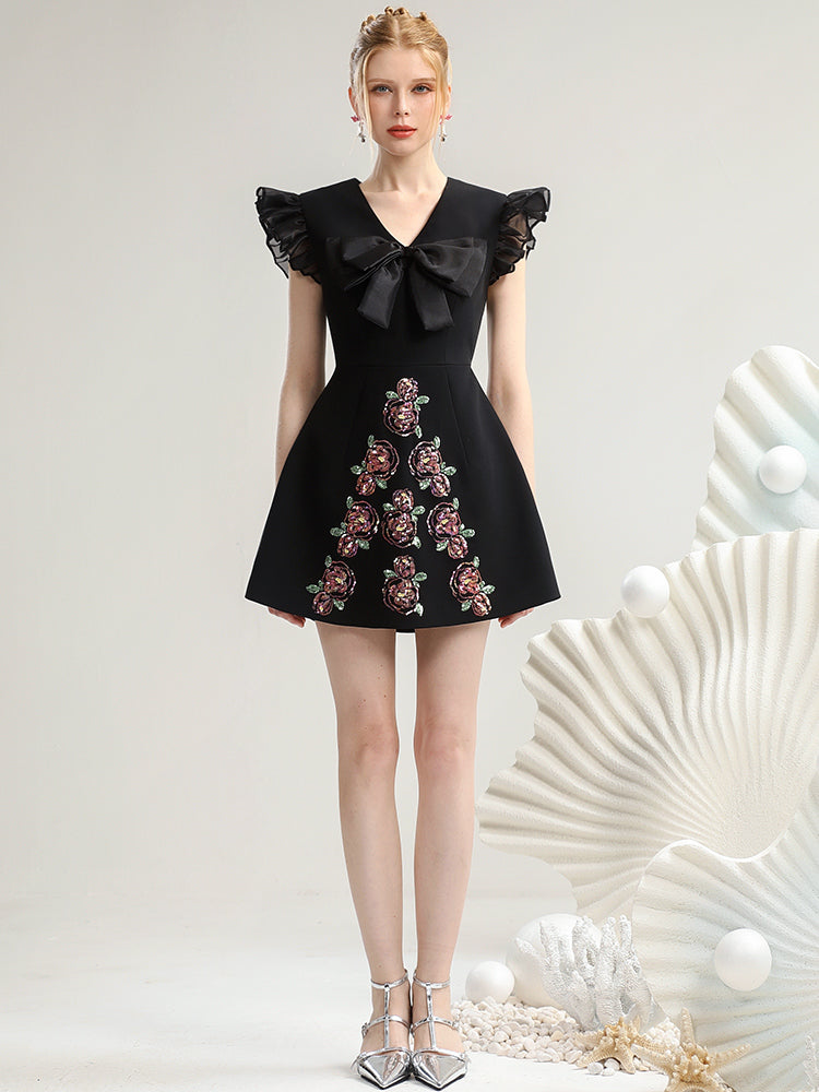 Flower Embroidery Flare Ribbon Frill Sweet Dress