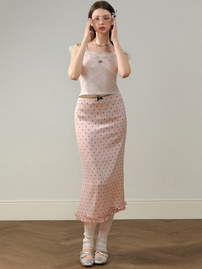 Satin Dot Lace frill Cute Long-Skirt