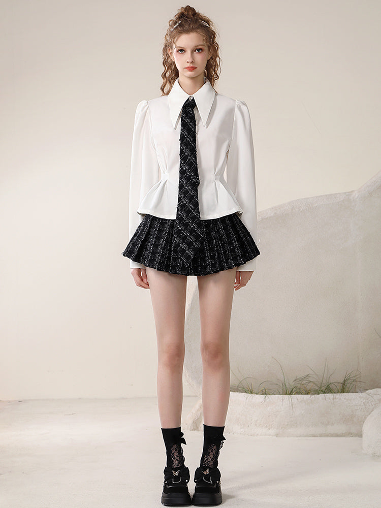 Set-Up Peplum Pleats Long-Tie Collage Curve Shirt＆Mini-Skirt