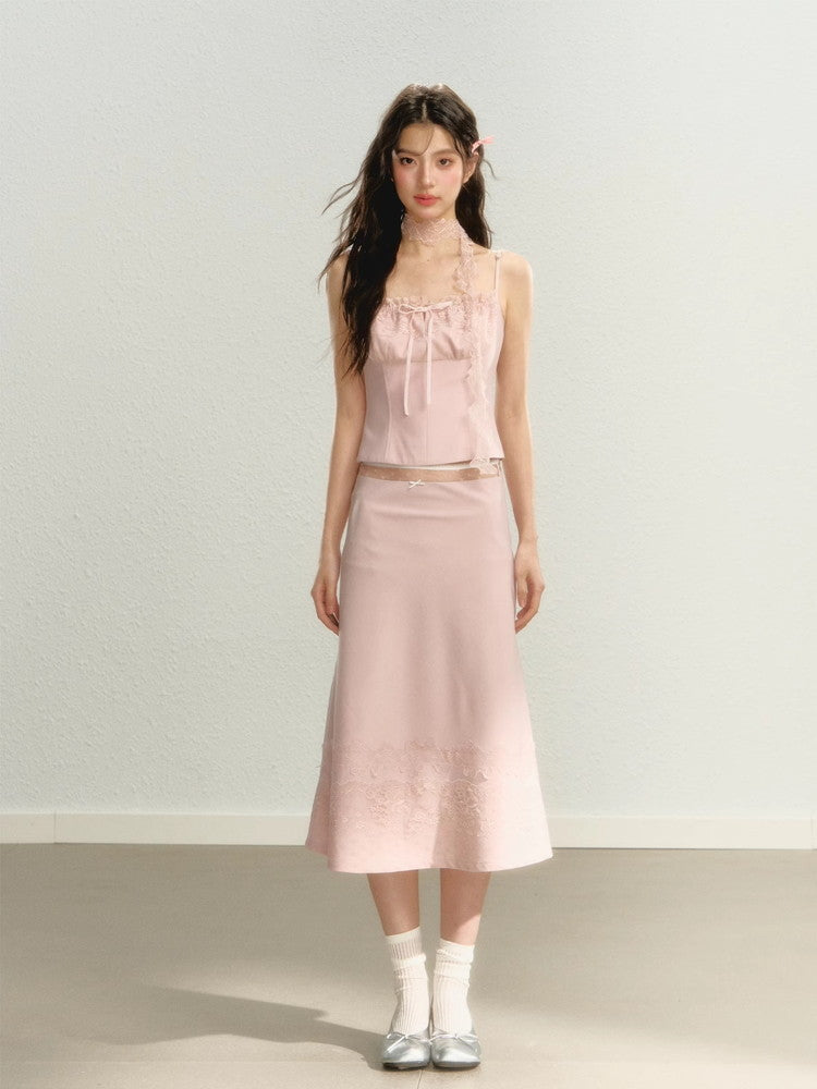 Set-Up Lace Ribbon Feminine Camisole＆Long-Skirt