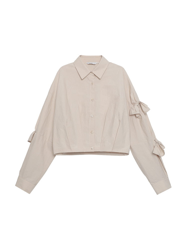 Sleeve-Ribbon Plain Casual Natural Balloon-Sleeve Tops