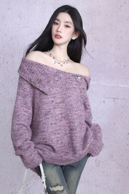 Asymmetry Wrap Open-Shoulder Oversize Knit