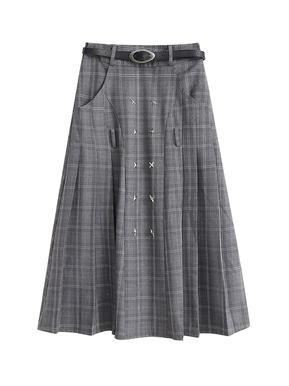 Checked Long Pleats Belt Flare-Skirt