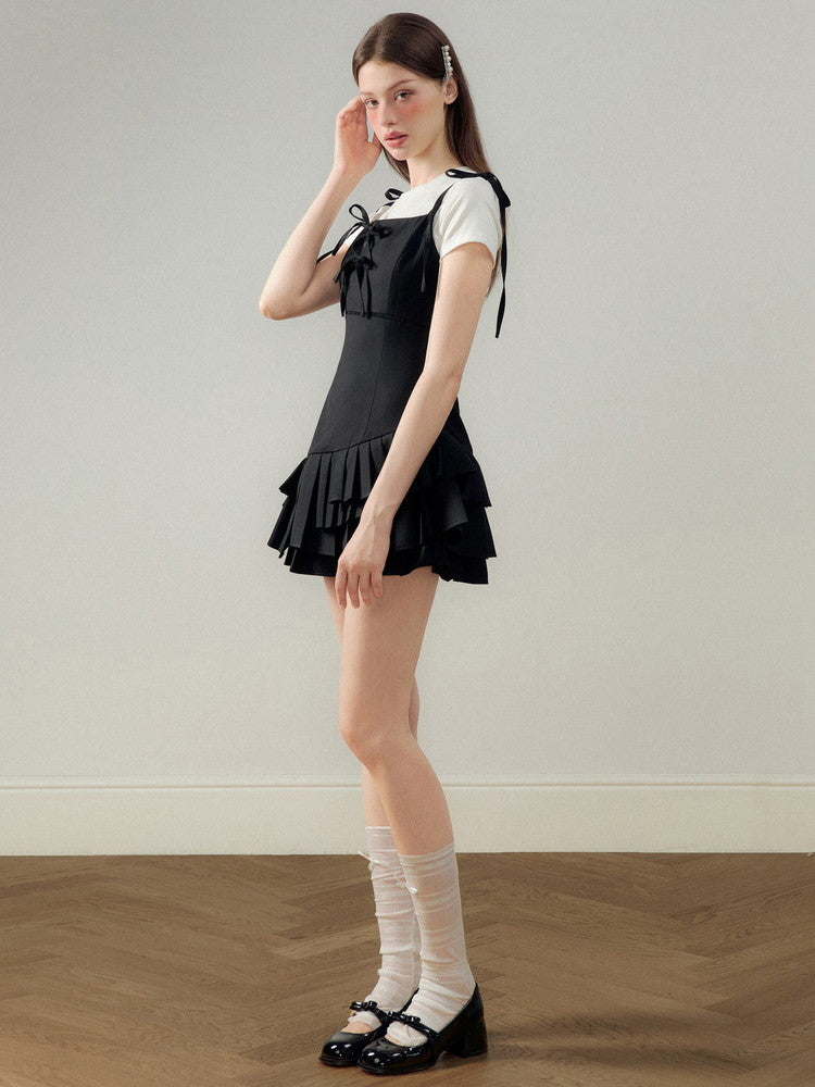 Tiered Pleats Frill Camisole Shoulder-Ribbon Plain Short Dress