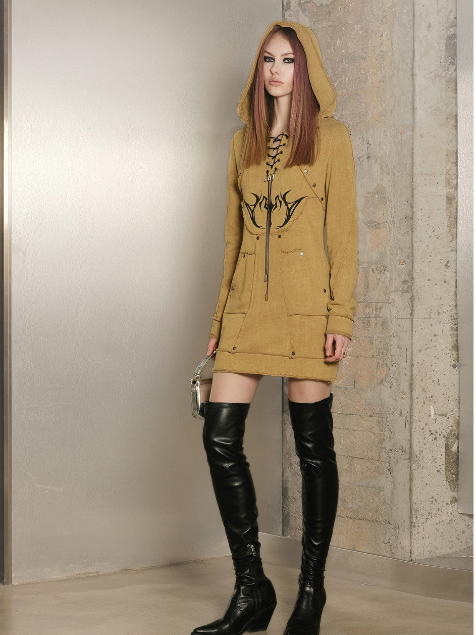 Lace-Up Casual Hoodie Rivet Parka-One-Piece