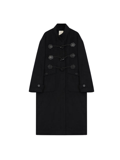 Wool Long Simple Stand-Collar Duffel-Coat