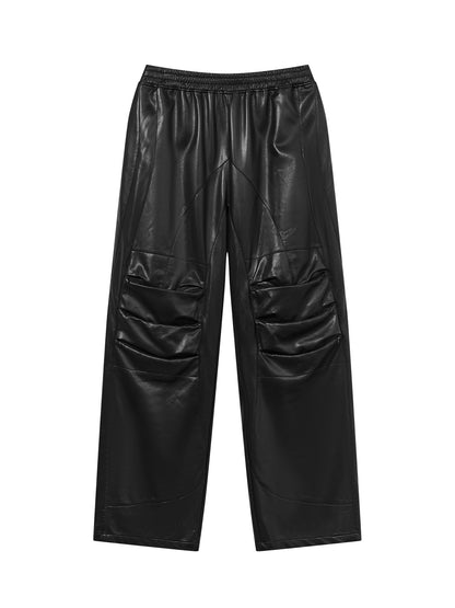 Leather Drape Straight Elastic-Waist Plain Wide-Pants