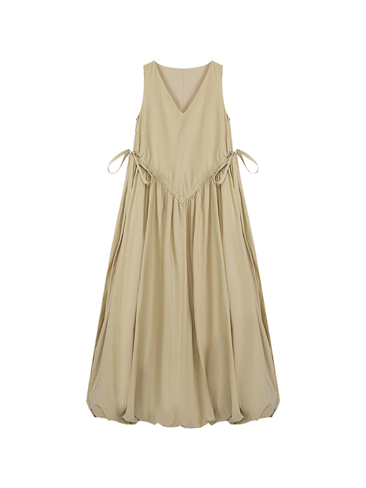 Ribbon Drawstring Balloon V-Neck Natural Long-One-Piece