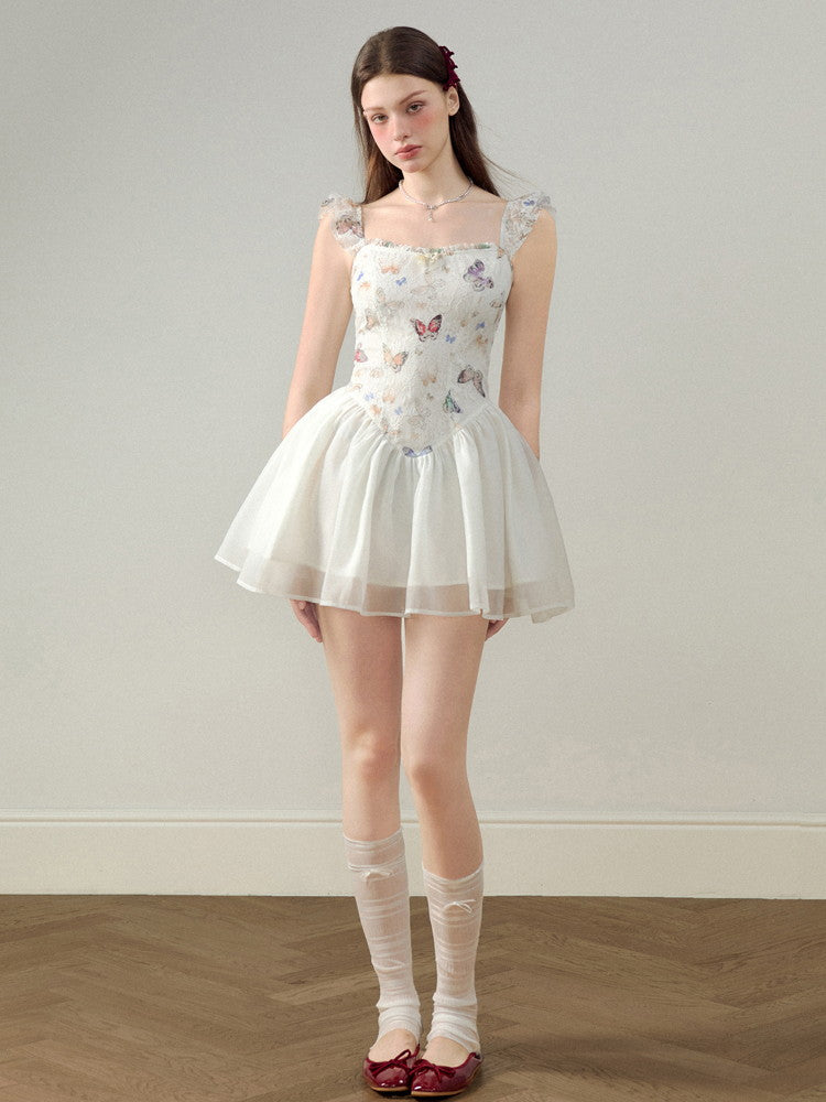 Embroidery Butterfly Lace Ribbon Ciffon Ceminine Fluffily Short Dress