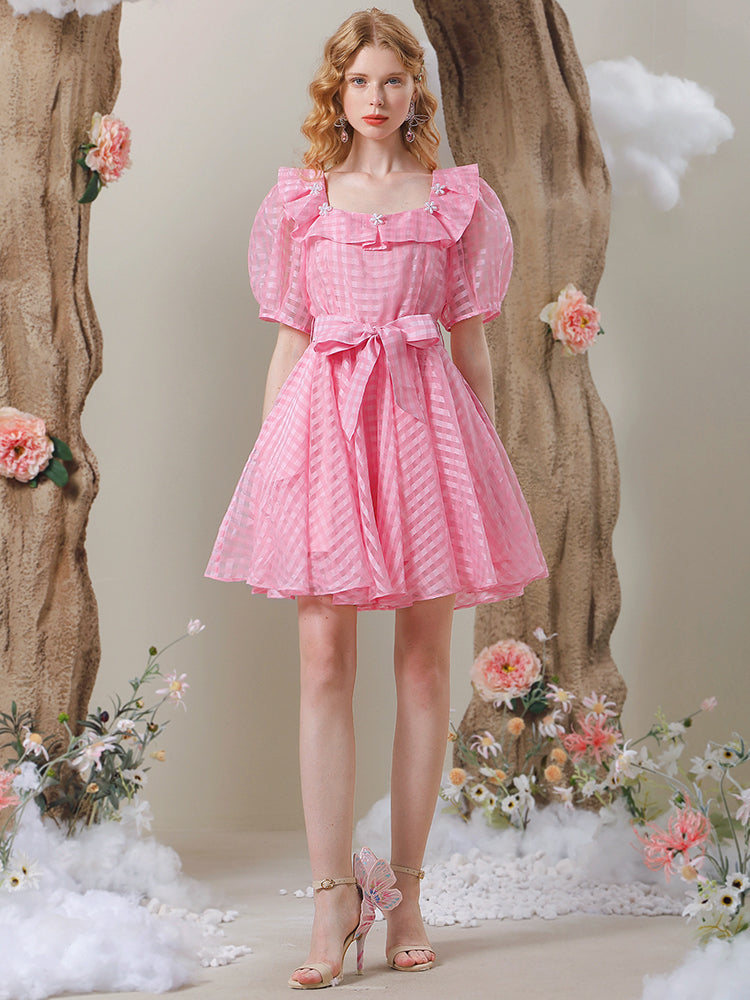 Ribbon Stripe Cute Puff-Sleeve Frill-Collar One-Piece