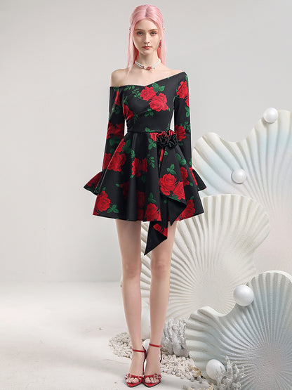 Off-Shoulder Rose Flower Flare-Sleeve Elegant One-Piece