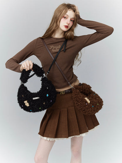 Half-Moon Fluffily Retro Cute Bijou Rhinestone Bear Mascot Boa-Bag