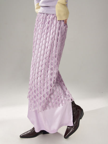 Sparkly Mesh Knit Unique Nichi Plain Satin Long-Skirt