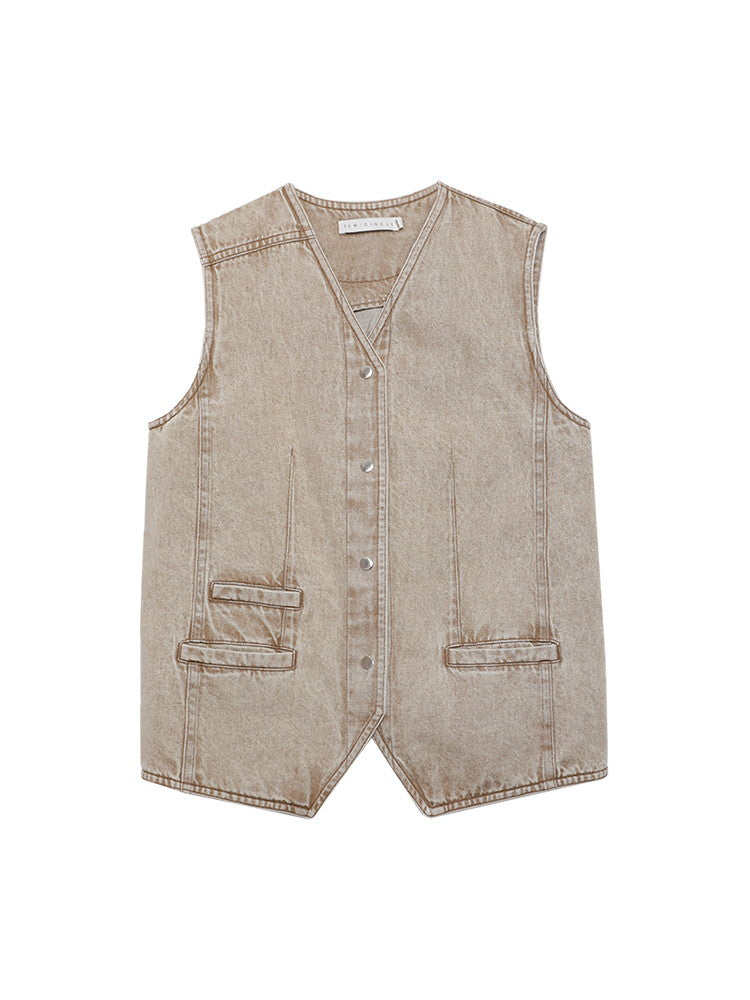 Denim Washed Casual No-Sleeve Vest