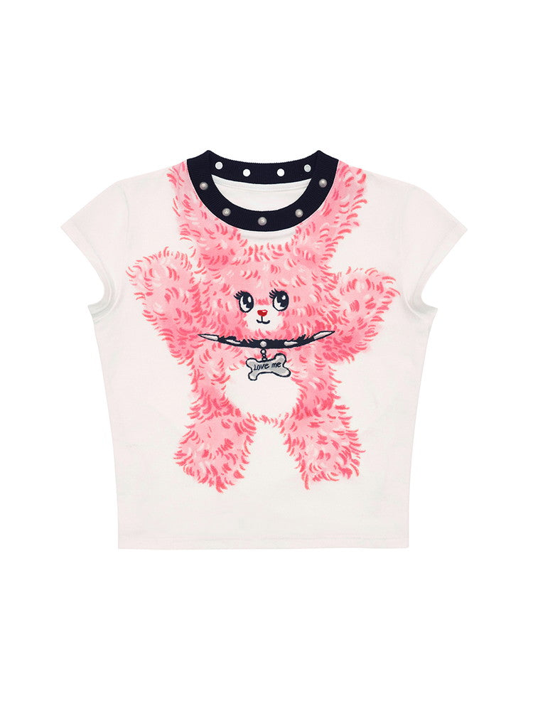 Fancy French-Sleeve Bear Character Pop Shrot Cutsew