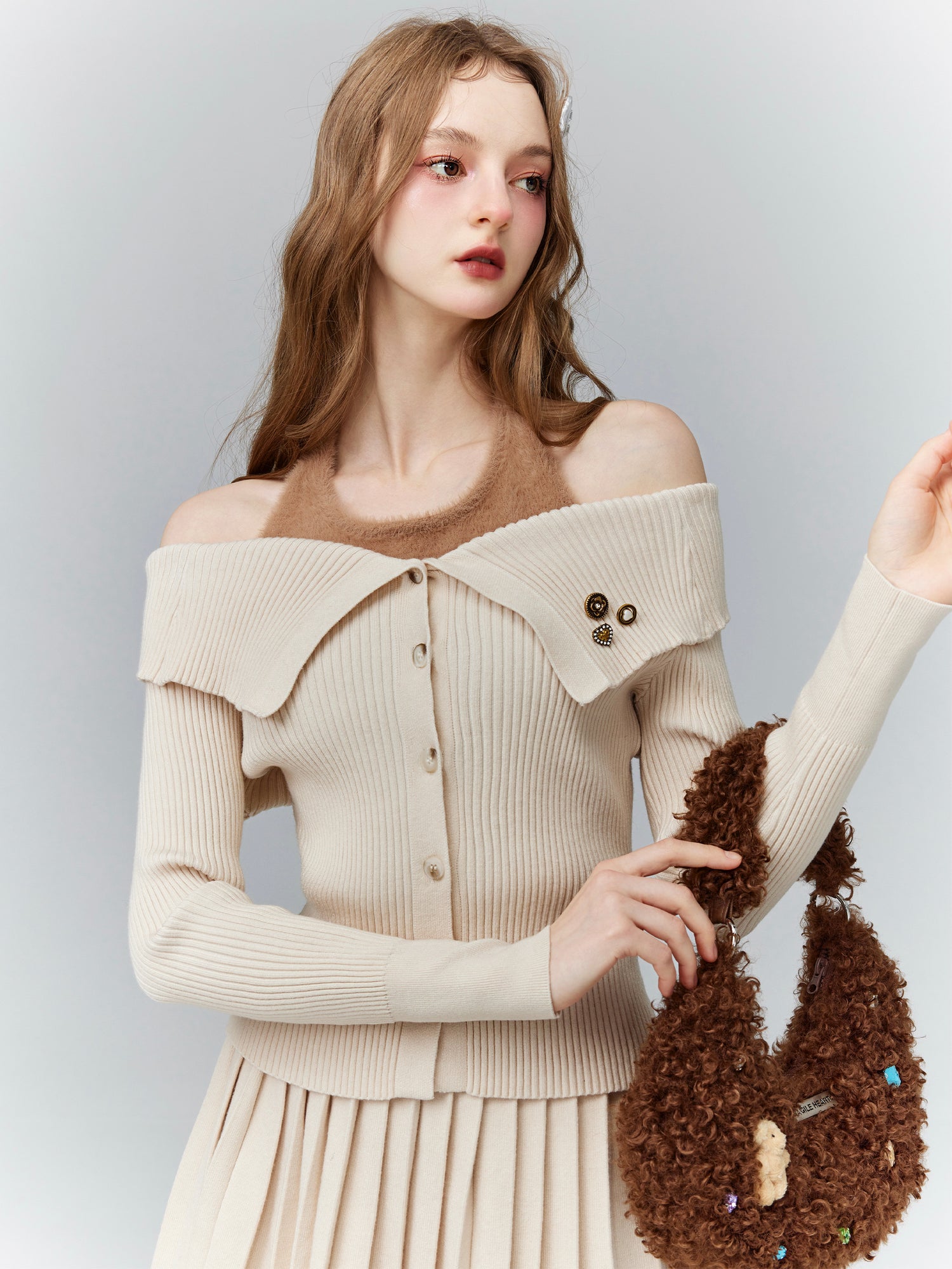 Rib-Knit Open-Shoulder Layered Cute Retro Tops＆Mini-Skirt＆Bag