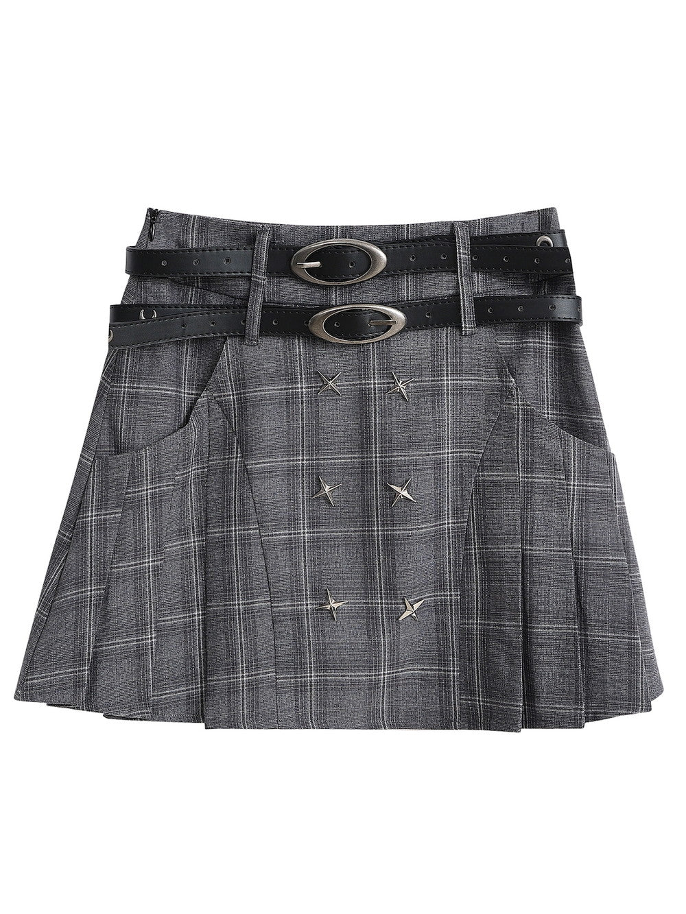 Checked Short Pleats Belt Flare-Skirt