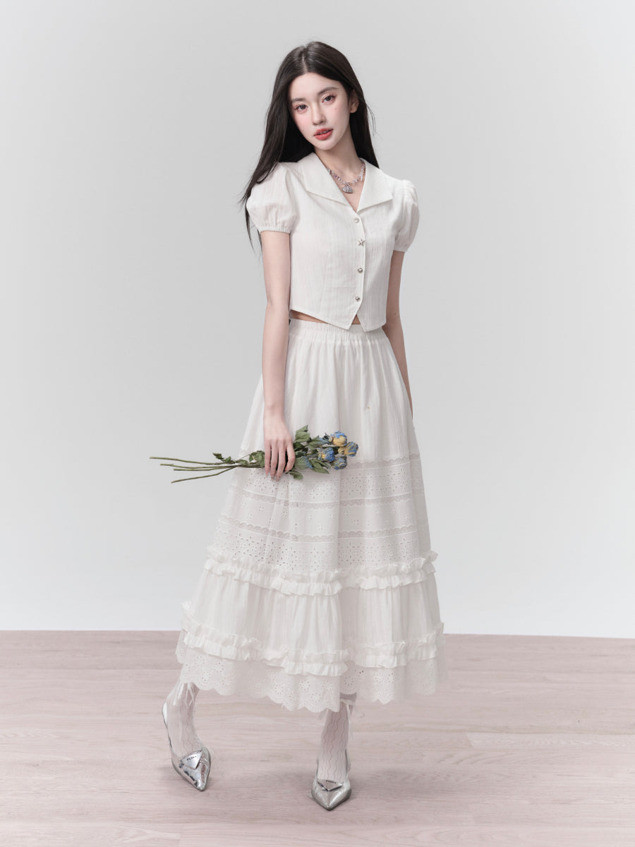 Lace Tiered Frill Feminine Puff-Sleeve Short-Blouse＆Long-Skirt