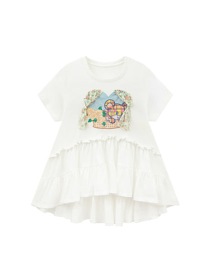 Tiered Frill Lace Window Bear Cute Fancy Flare-T-Shirt