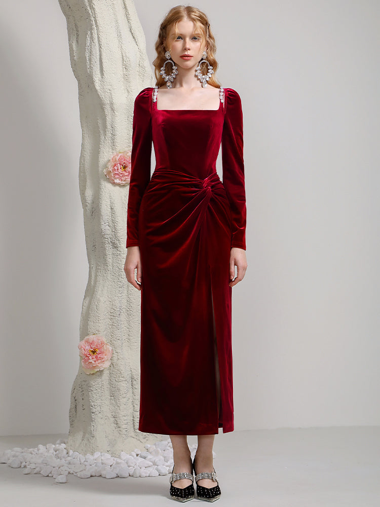 Velvet Formal Slit Ling Drape Elegant One-Piece