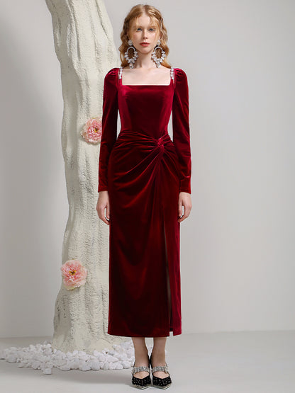 Velvet Formal Slit Ling Drape Elegant One-Piece