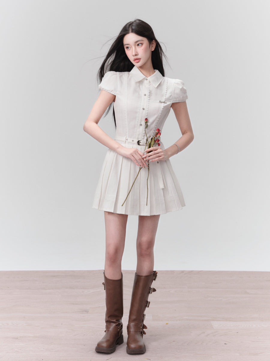 Puff-Sleeve Belt Lace Short Pleats Shirt-One-Piece