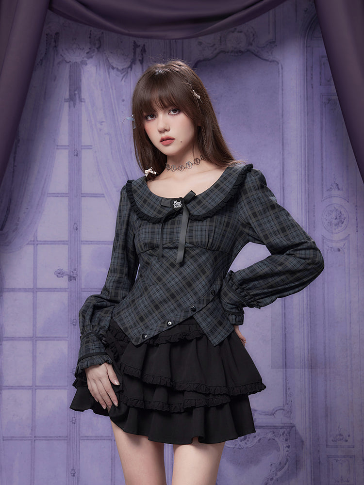 Checked Girly Ribbon Asymmetry Balloon-Sleeve Blouse