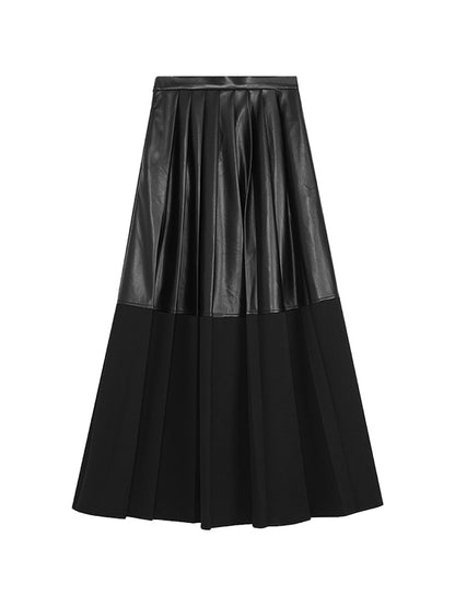 Leather Mix Long Tiered Flare-Skirt