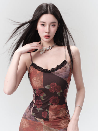 Asymmetry Camisole Lace Flower Slim Long One-Piece