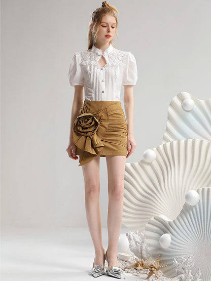 Mao-Collar Front-Cut Lace Pleats Frll Blouse