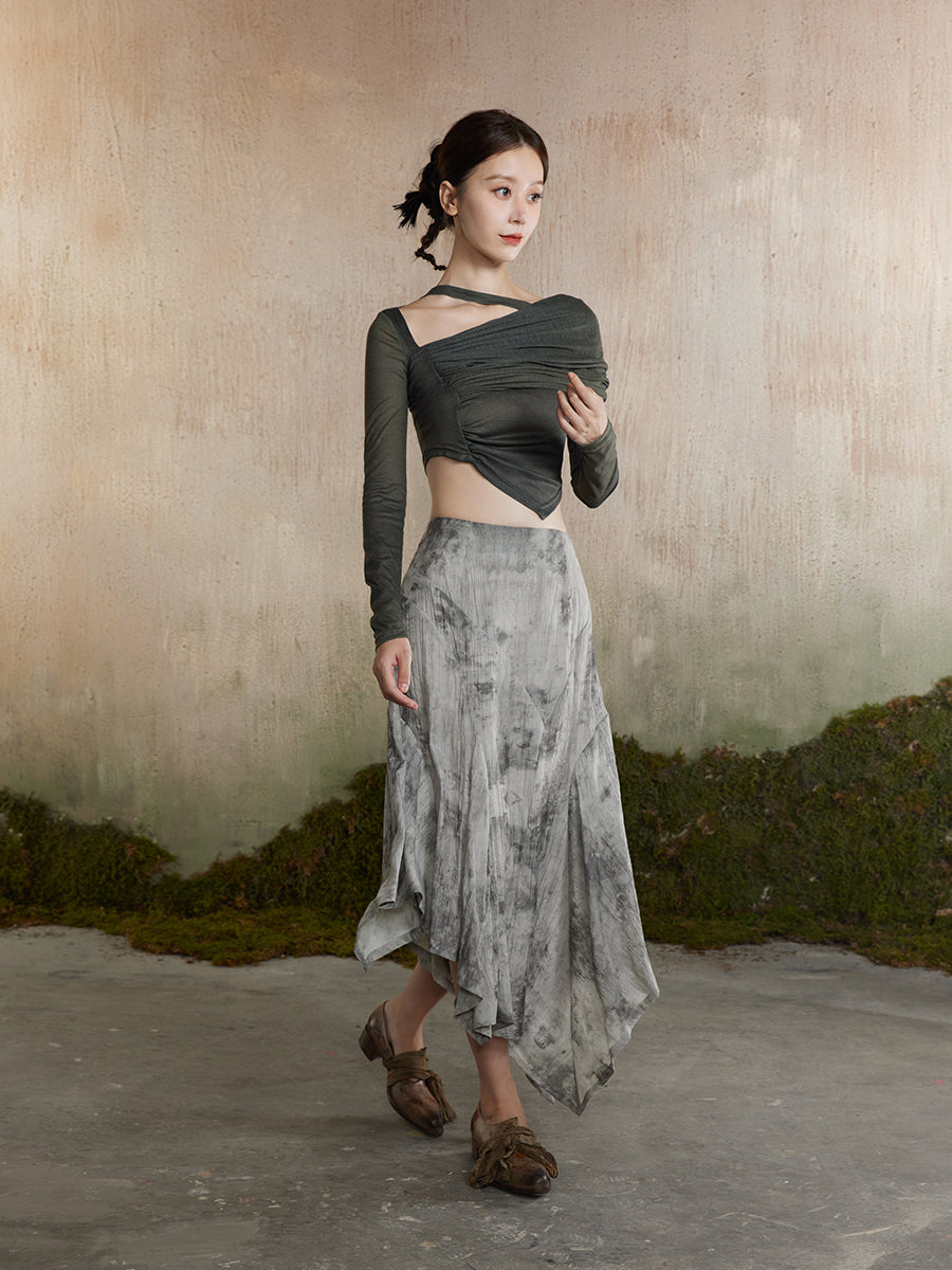 One-Shoulder Asymmetry Nichi Plain Cropped Knit