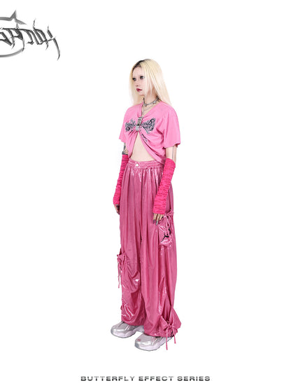 Glossy Metallic Drawstring Vasual Wide-Pants