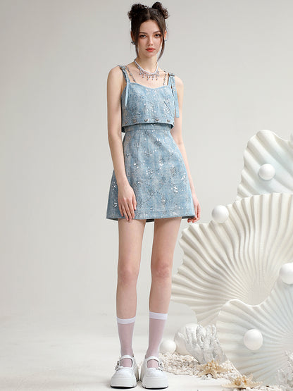 Denim Short Sequins Suspenders Casual Dress