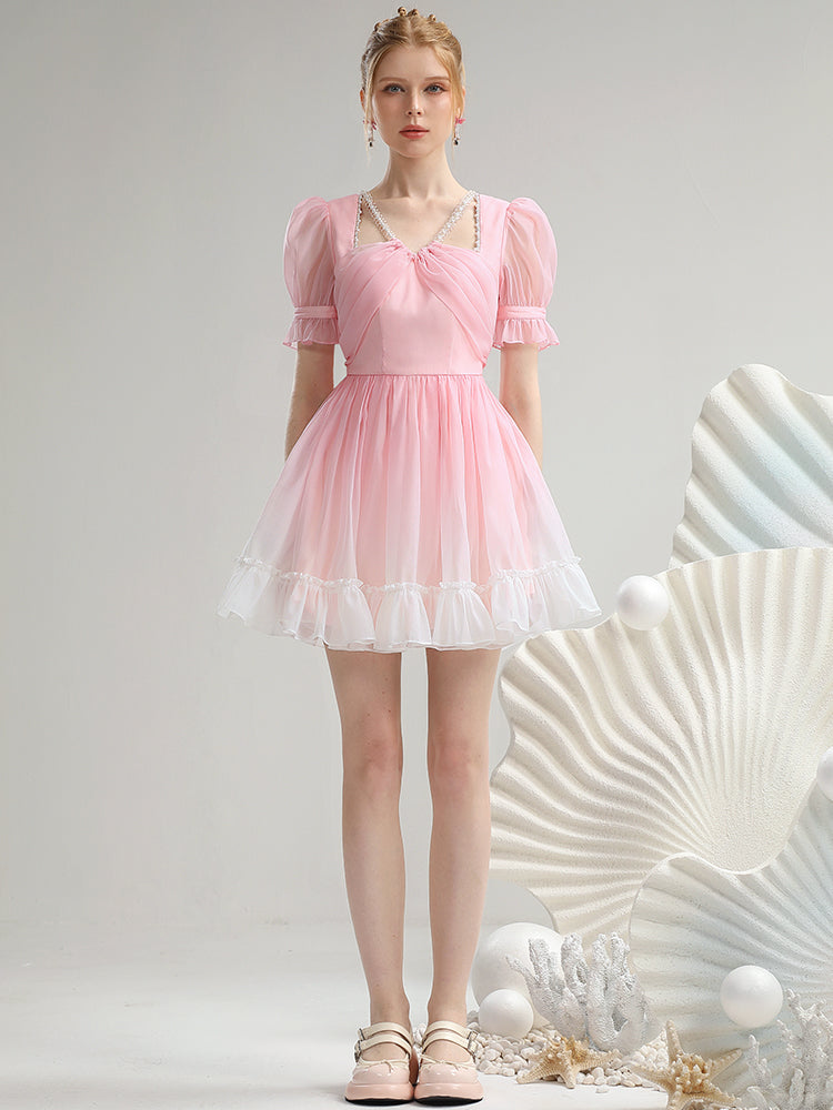 Gradation Short Ciffon Puff-Sleeve Tulle One-Piece