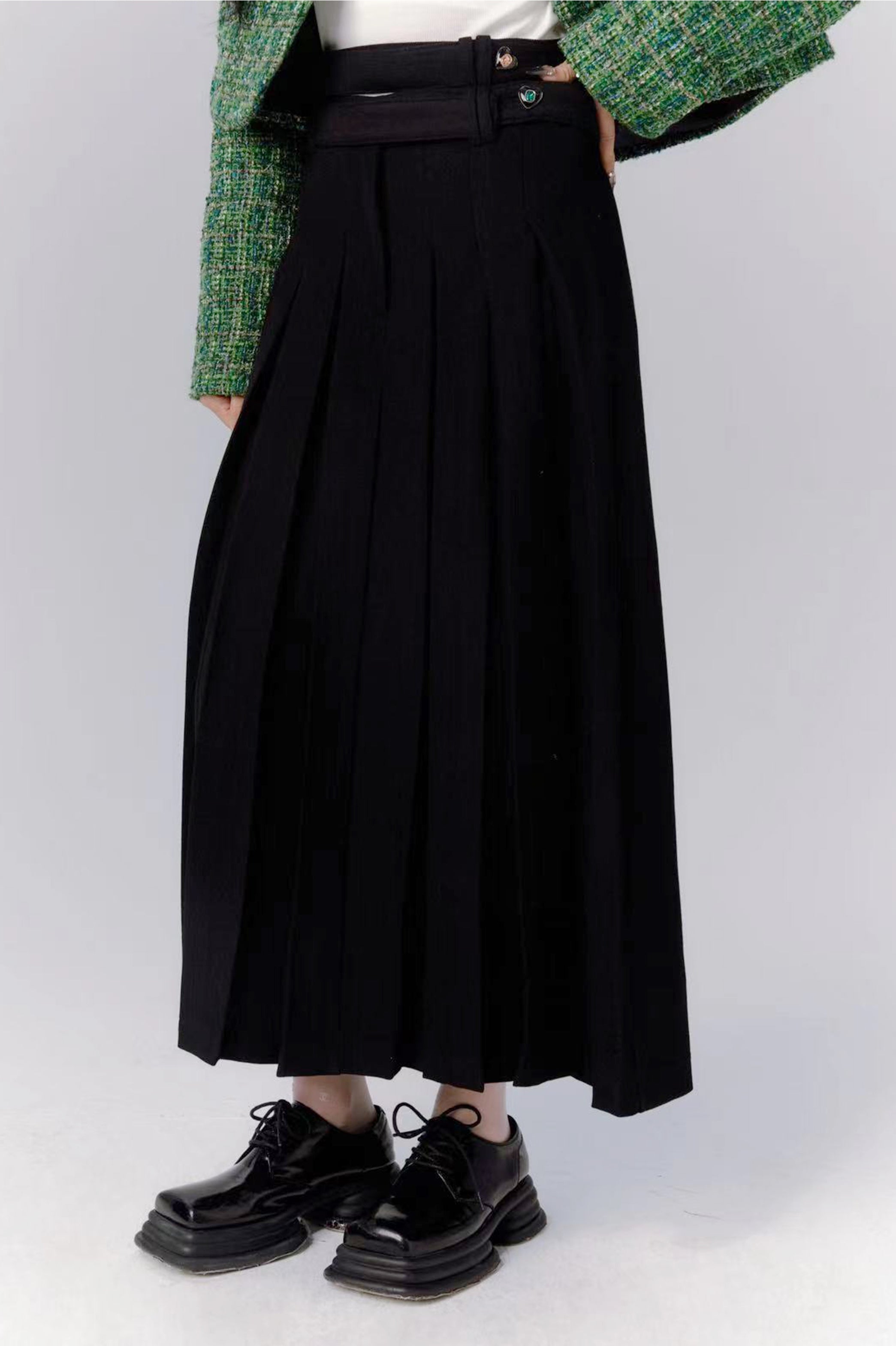 Thick Plain Chic Pleats High-Waist Long-Skirt