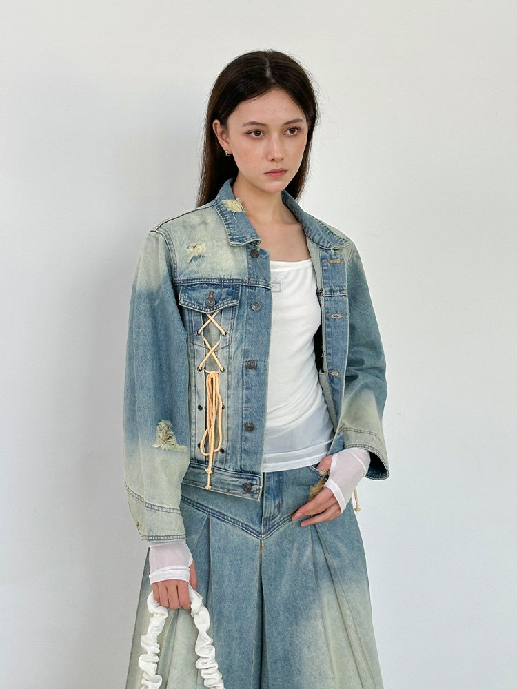 Washed Lace-Up Nichi Vintage Casual Denim-Jacket