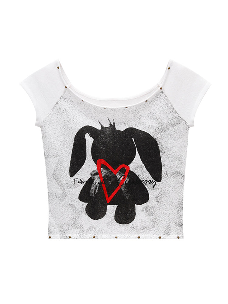 Rabbit Off-Shoulder Short Tight T-Shirt