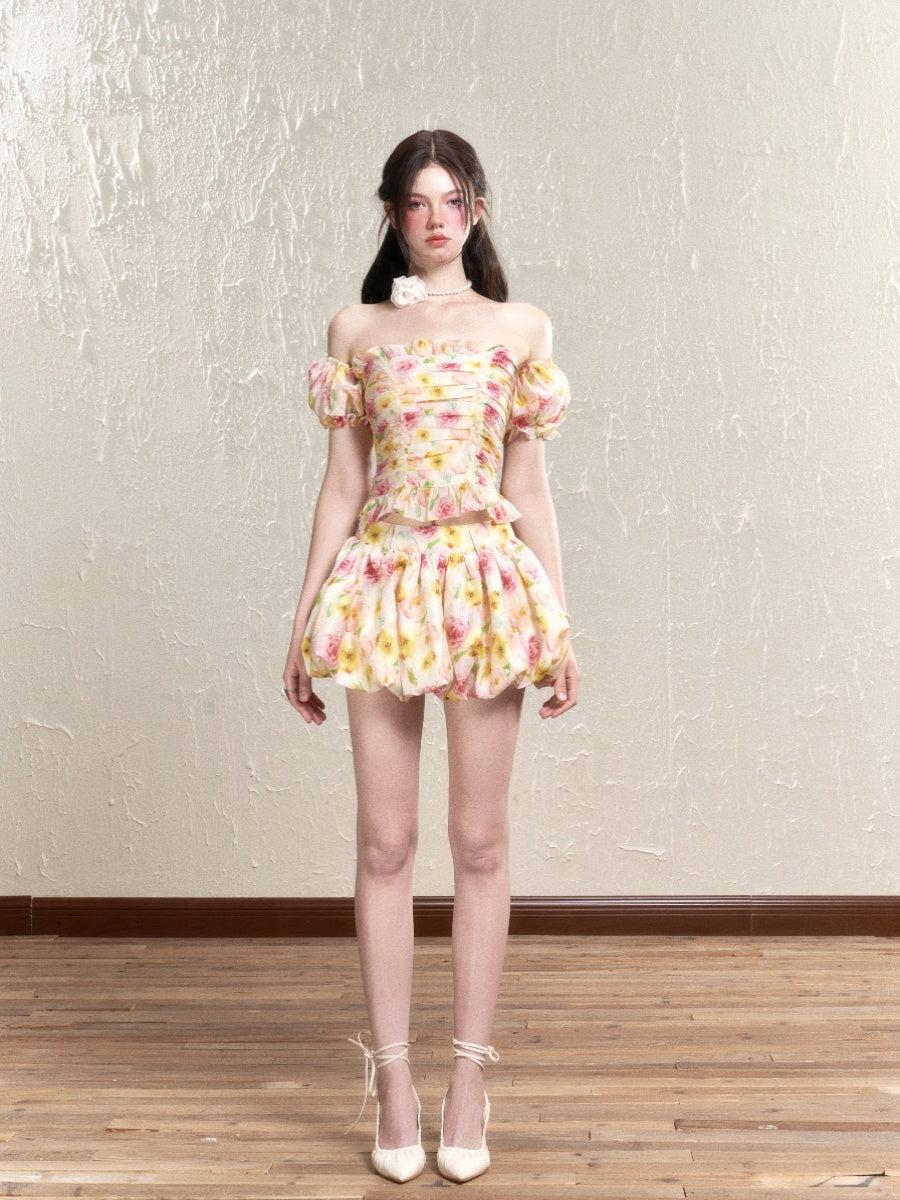 Flower Rose Colorful Gather Tube-Top&amp;Mini-Skirt