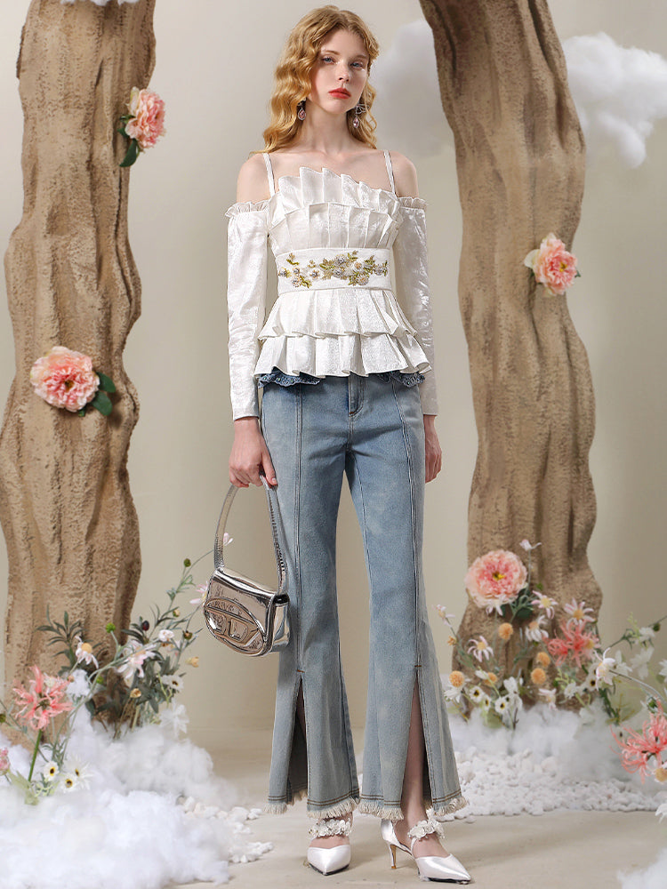 Tiered Pleats Embroidery Frill Blouse